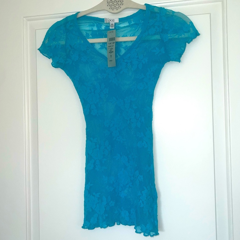 New With Tags. Cachè Ocean Blue Women’s Mesh Lace Top.